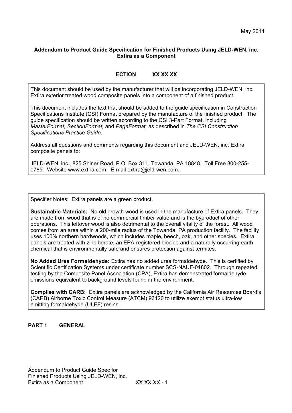 CMI Extira Addendum to Guide Specification