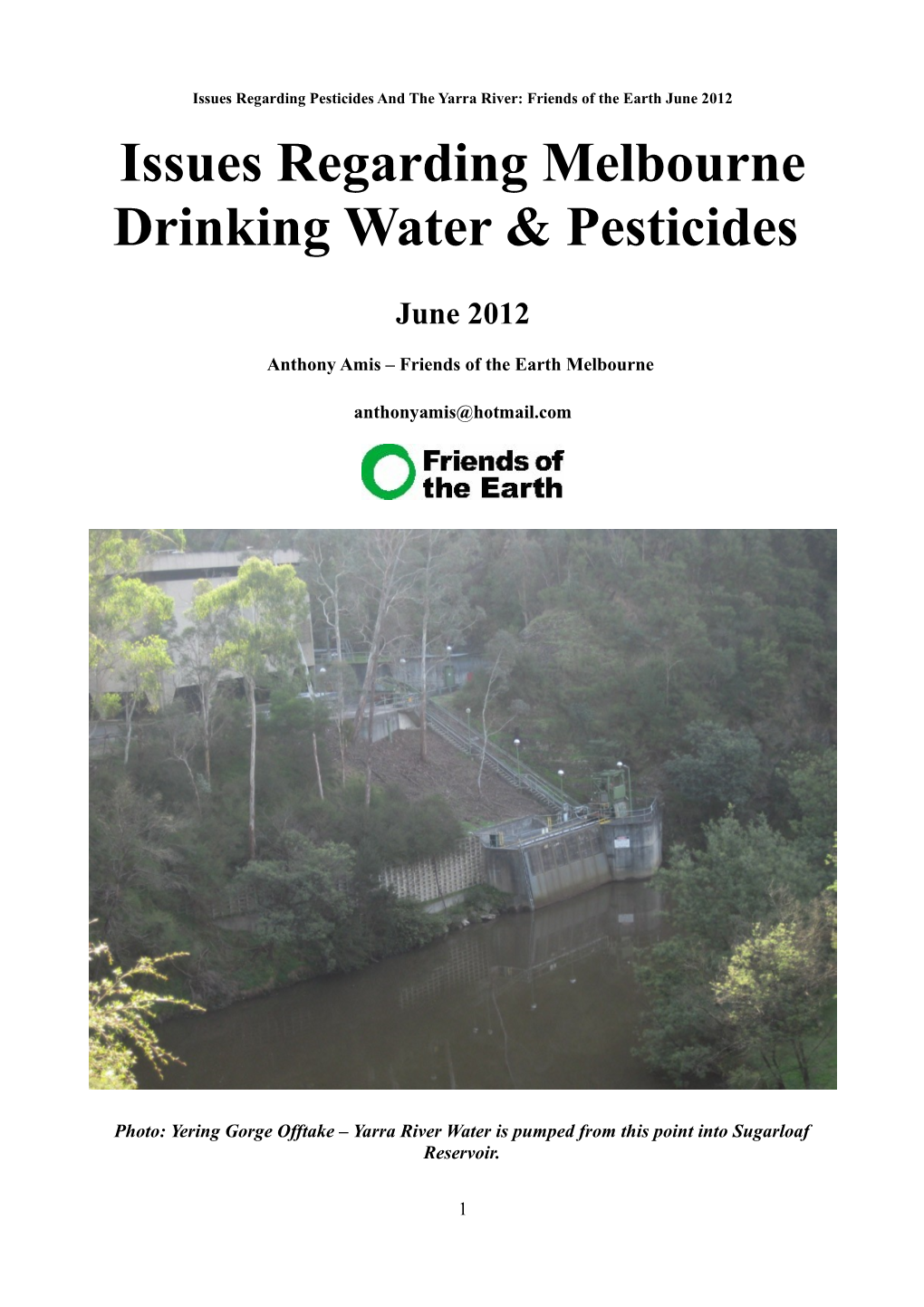 Issues Regarding Melbourne Drinking Water & Pesticides