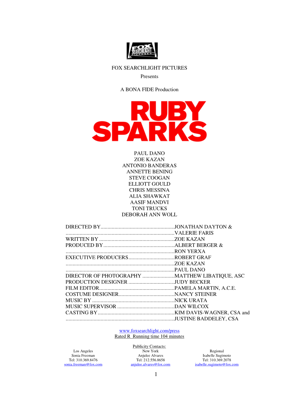 Ruby Sparks Production Notes Final