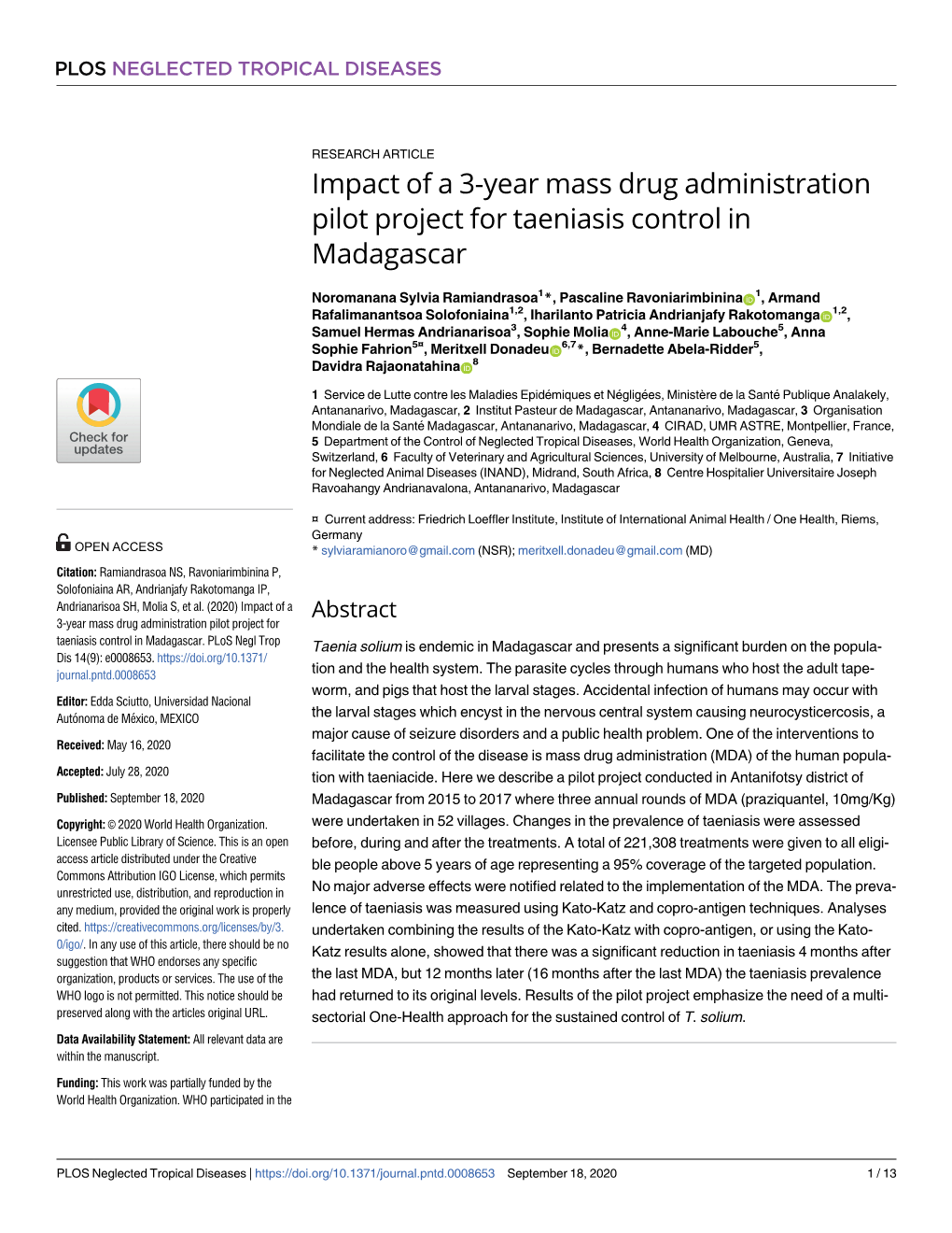 Impact of a 3-Year Mass Drug Administration Pilot Project for Taeniasis Control in Madagascar