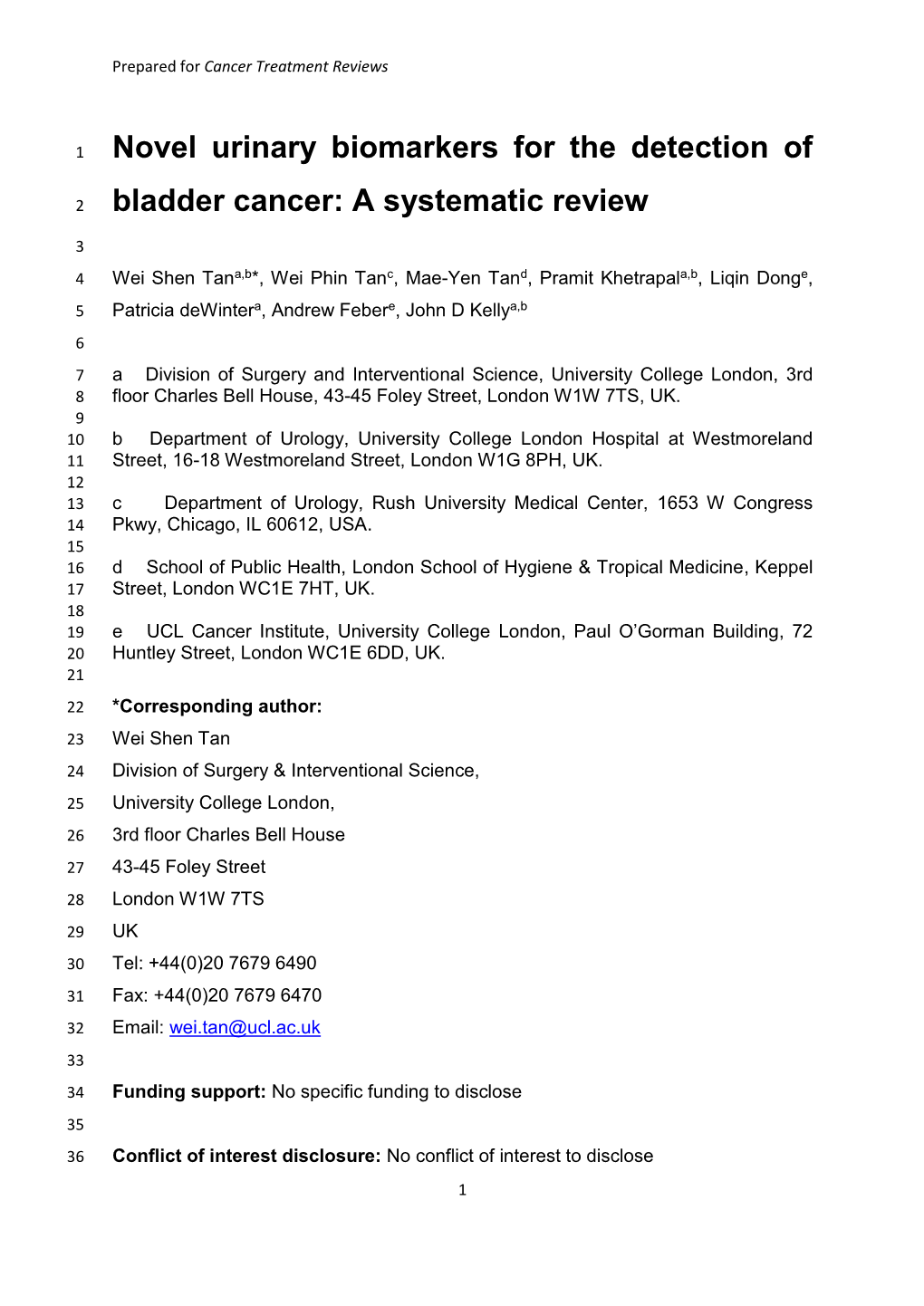 Novel Urinary Biomarkers for the Detection of Bladder Cancer: A
