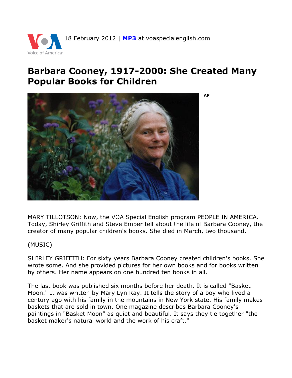 Barbara Cooney, 1917-2000: She Created Many Popular Books for Children