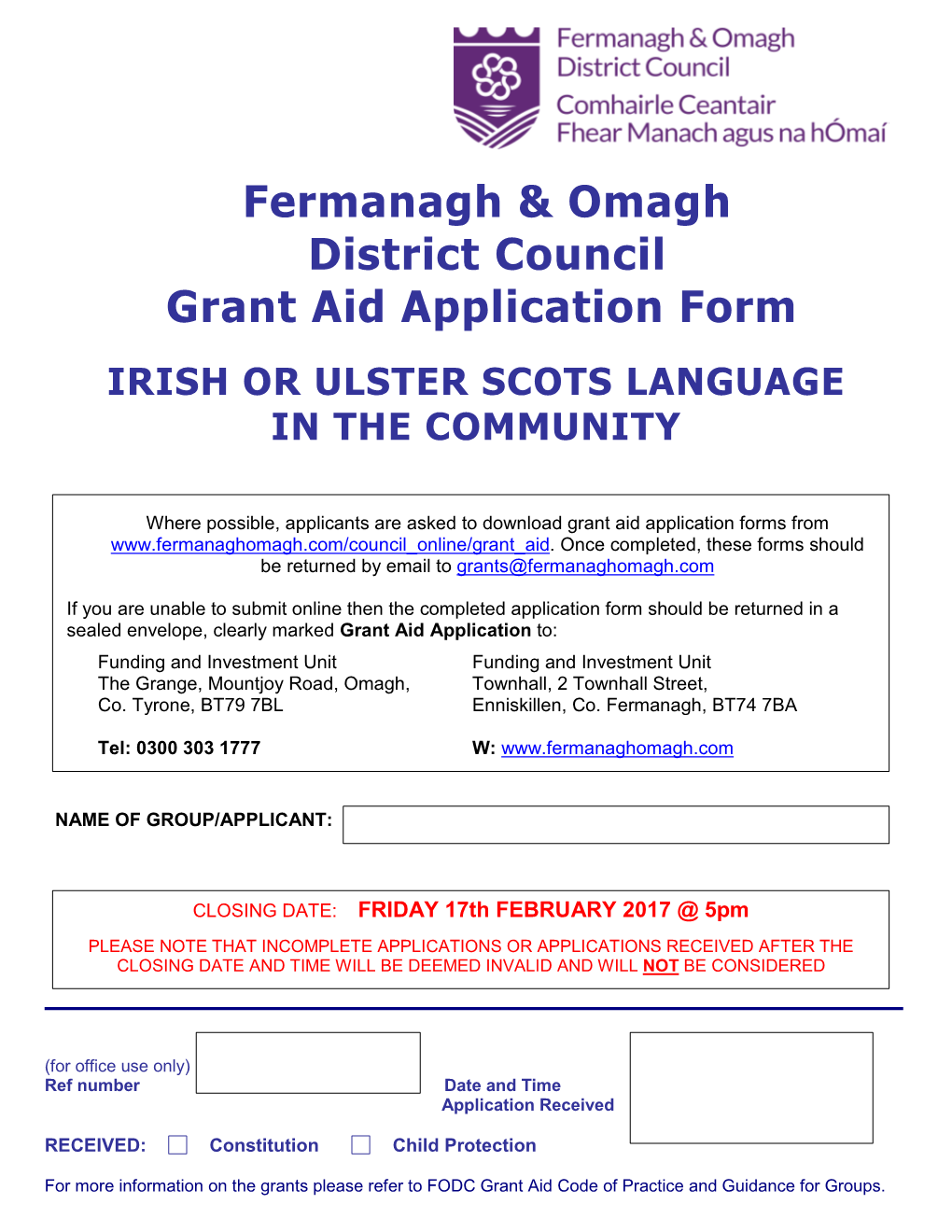 Fermanagh & Omagh District Council Grant Aid Application Form