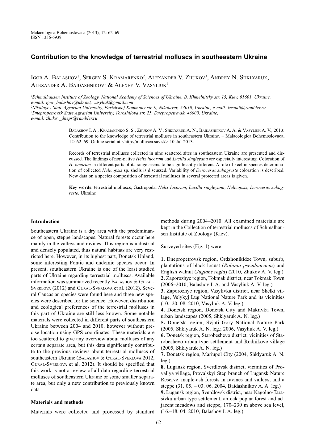 Contribution to the Knowledge of Terrestrial Molluscs in Southeastern Ukraine