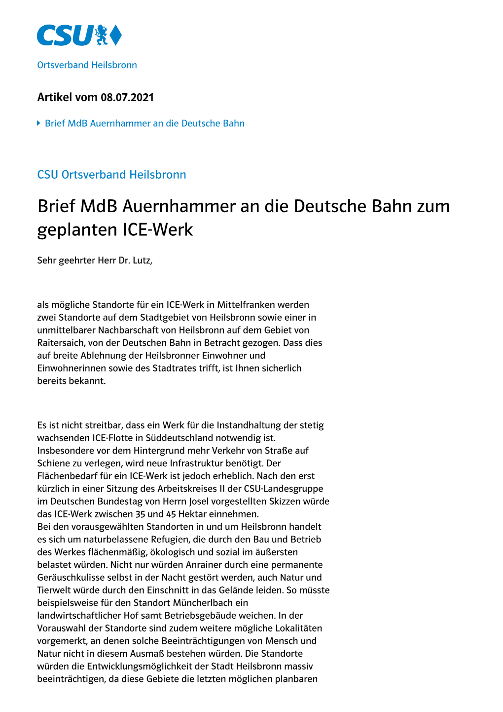 Brief Mdb Artur Auernhammer an Die Deutsche Bahn Zum Geplanten ICE-Werk