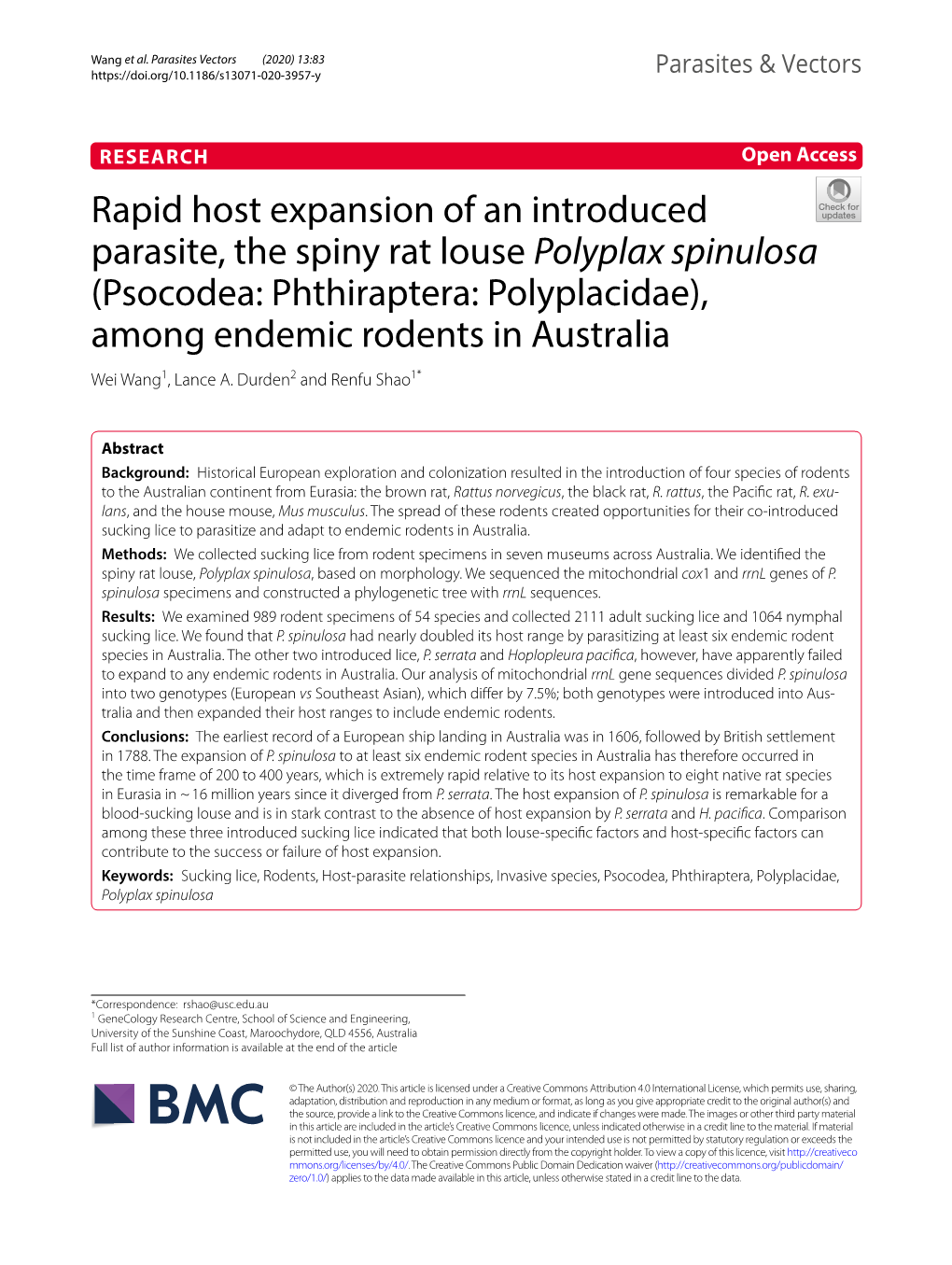 Polyplax Spinulosa (Psocodea: Phthiraptera: Polyplacidae), Among Endemic Rodents in Australia Wei Wang1, Lance A