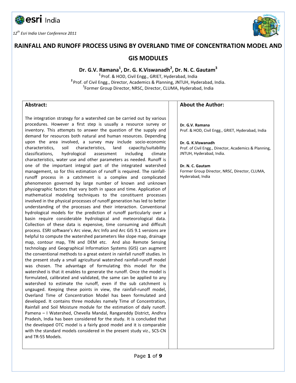 RAINFALL and RUNOFF PROCESS USING by OVERLAND TIME of CONCENTRATION MODEL and GIS MODULES Dr