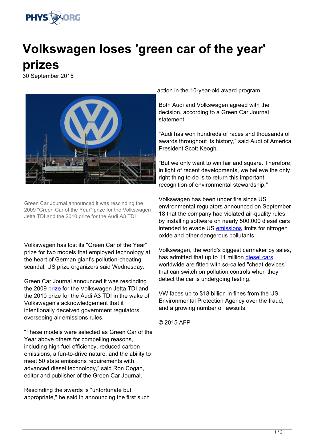 Volkswagen Loses 'Green Car of the Year' Prizes 30 September 2015