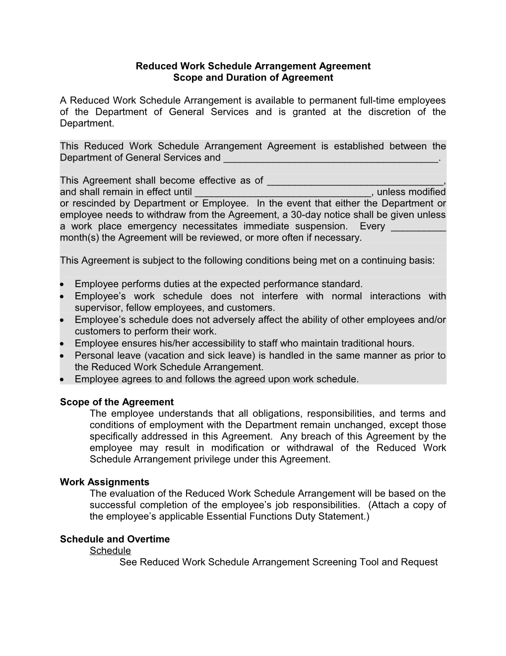 Reduced Work Time Arrangement Agreement