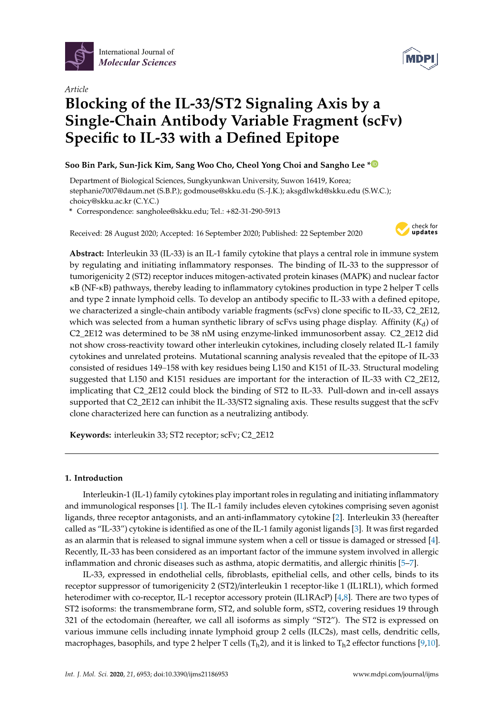 Blocking of the IL-33/ST2 Signaling Axis by a Single-Chain Antibody Variable Fragment (Scfv) Speciﬁc to IL-33 with a Deﬁned Epitope