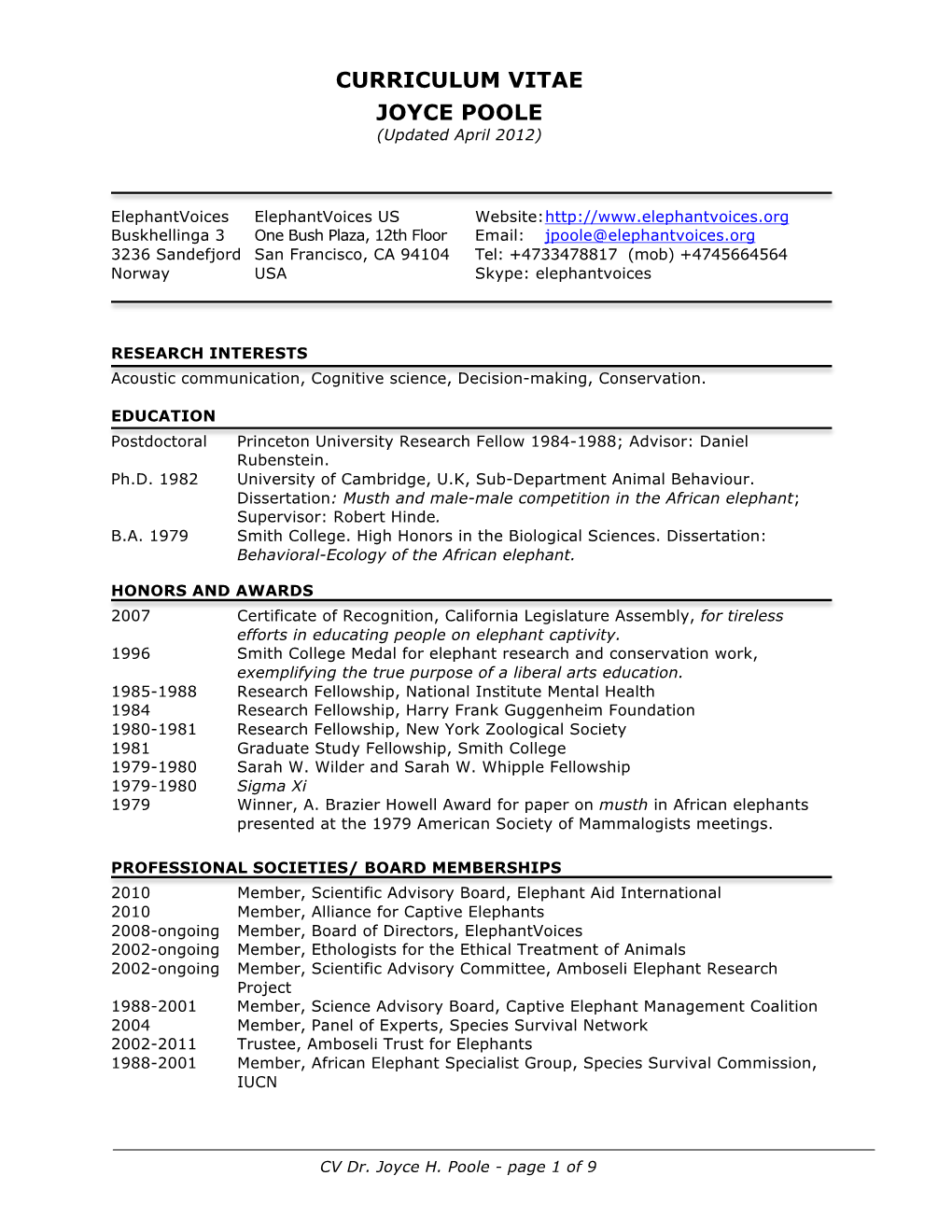 CURRICULUM VITAE JOYCE POOLE (Updated April 2012)