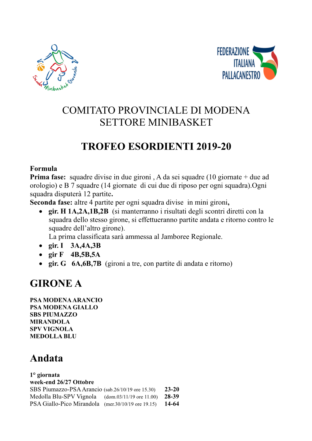 COMITATO PROVINCIALE DI MODENA SETTORE MINIBASKET TROFEO ESORDIENTI 2019-20 GIRONE a Andata