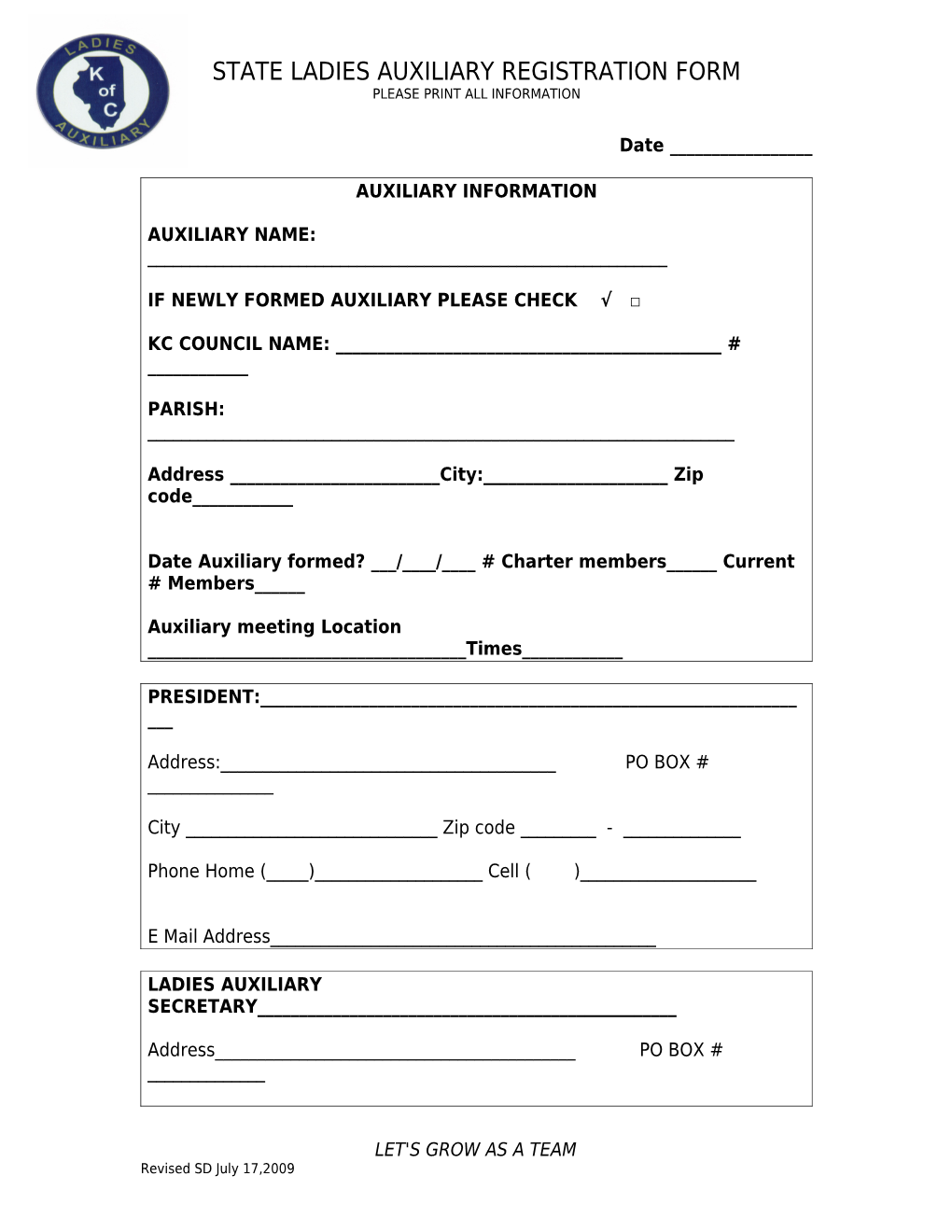 State Ladies Auxiliary Registration Form