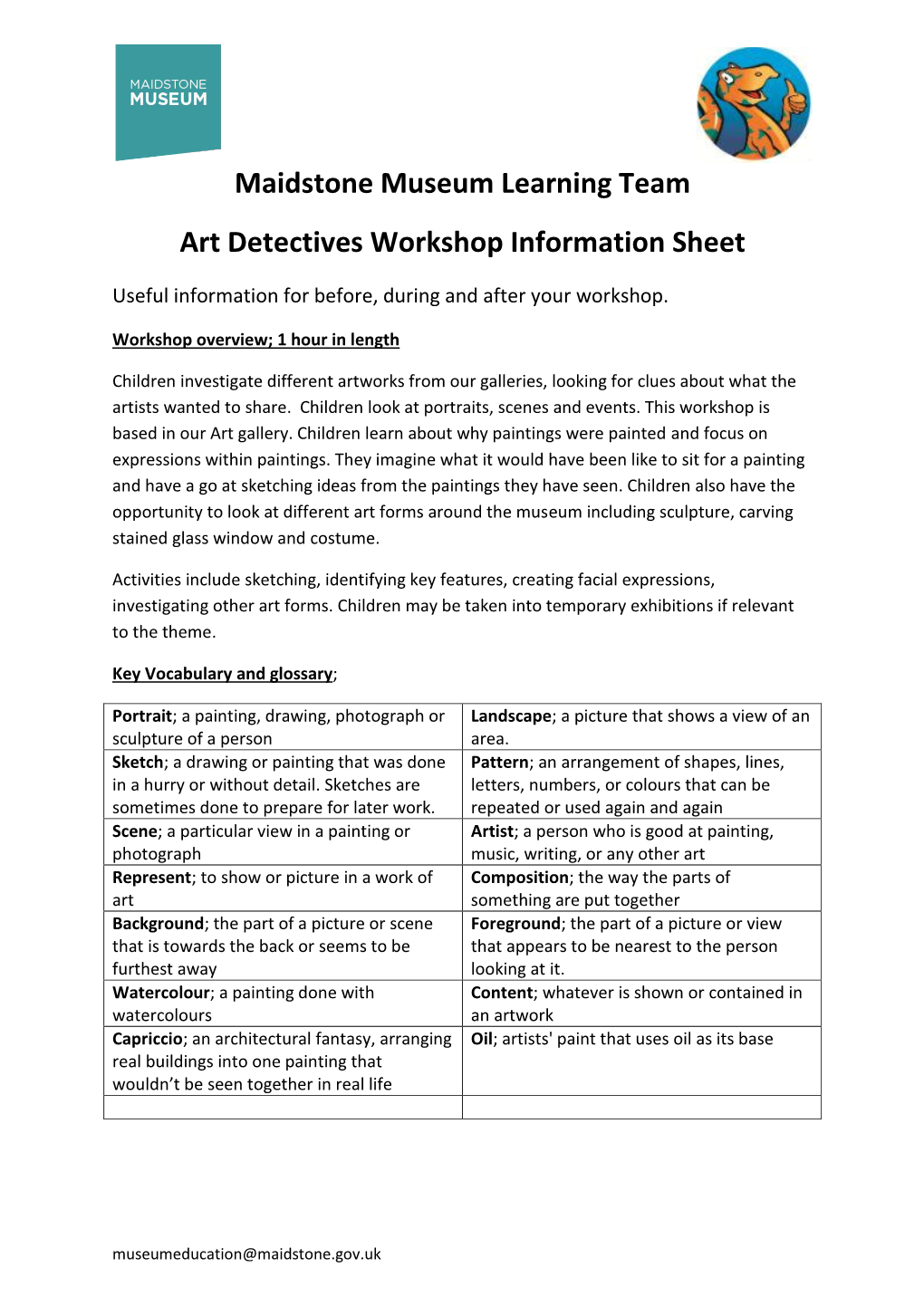Maidstone Museum Learning Team Art Detectives Workshop Information Sheet