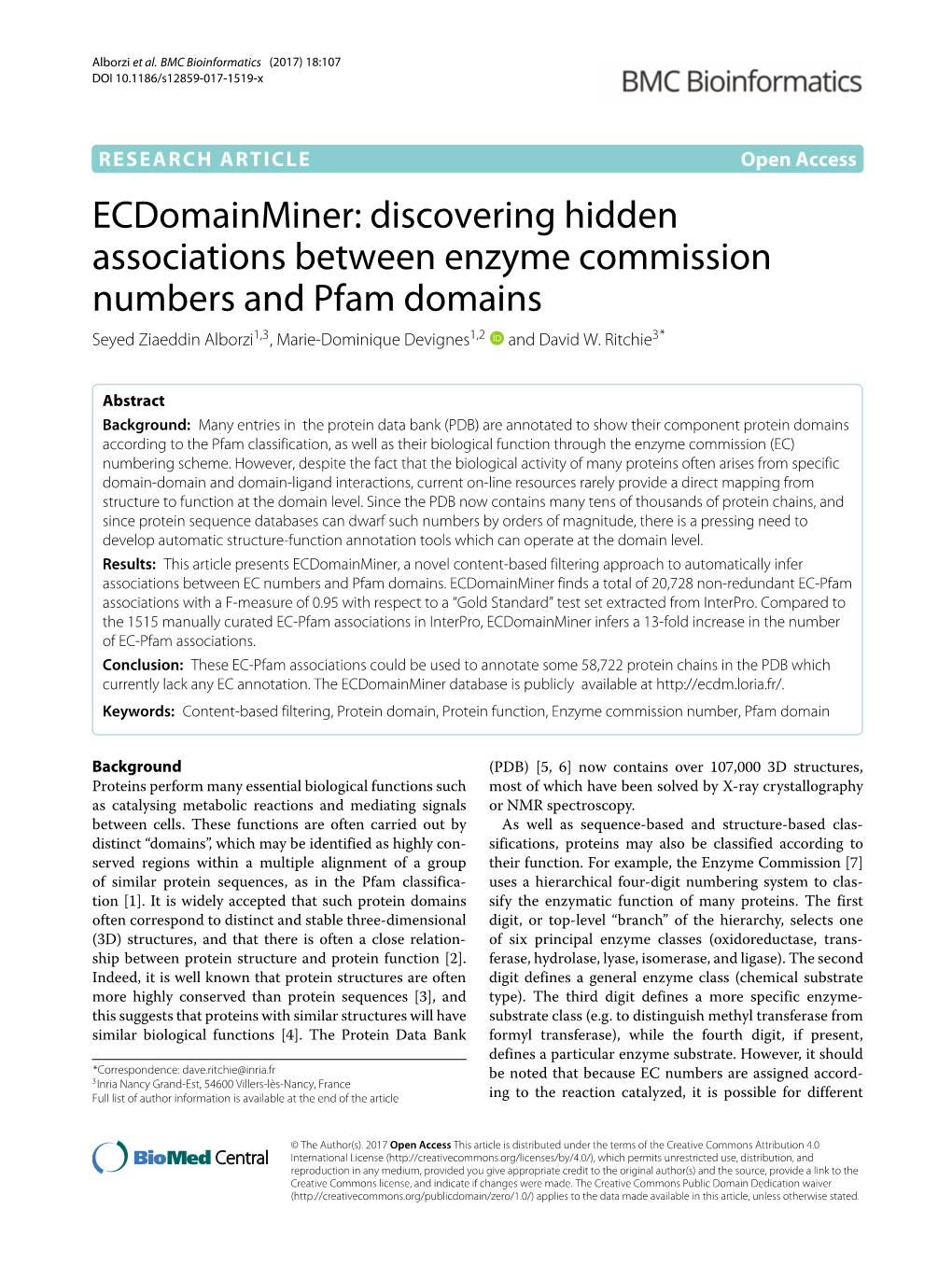 Discovering Hidden Associations Between Enzyme Commission Numbers and Pfam Domains Seyed Ziaeddin Alborzi1,3, Marie-Dominique Devignes1,2 and David W