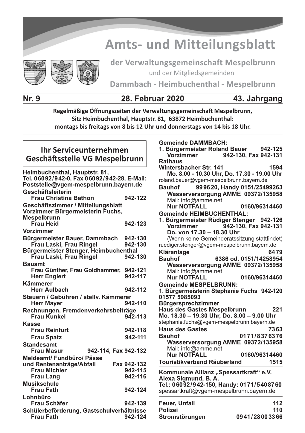 Amts- Und Mitteilungsblatt Der Verwaltungsgemeinschaft Mespelbrunn Und Der Mitgliedsgemeinden Dammbach - Heimbuchenthal - Mespelbrunn Nr
