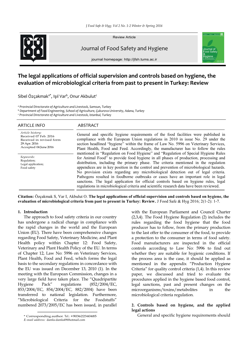 The Legal Applications of Official Supervision and Controls Based on Hygiene, the Evaluation of Microbiological Criteria from Past to Present in Turkey: Review