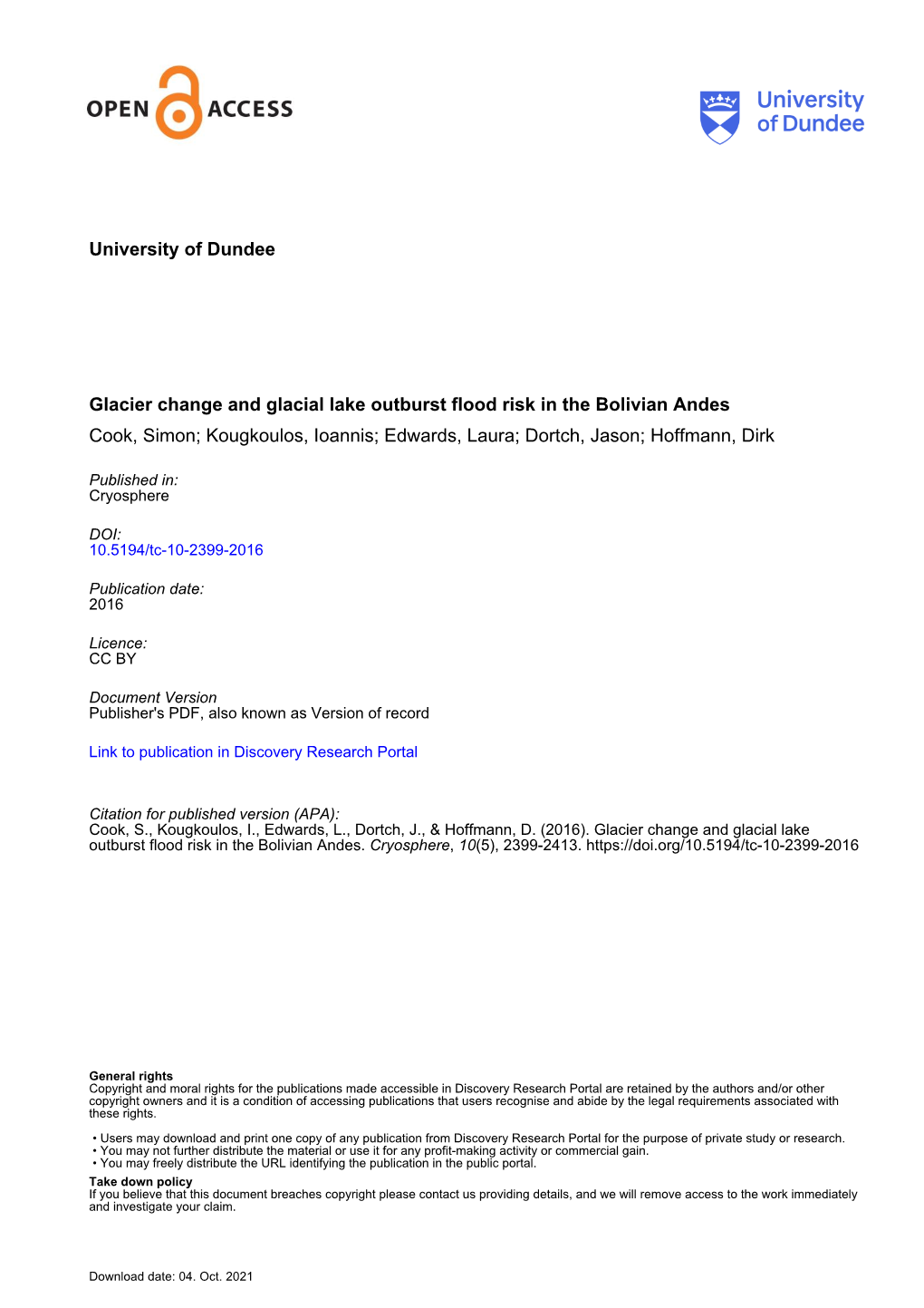 University of Dundee Glacier Change and Glacial Lake Outburst Flood Risk