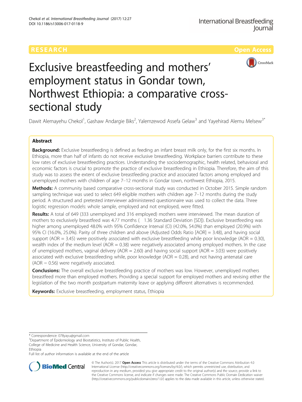 Exclusive Breastfeeding and Mothers' Employment Status in Gondar Town