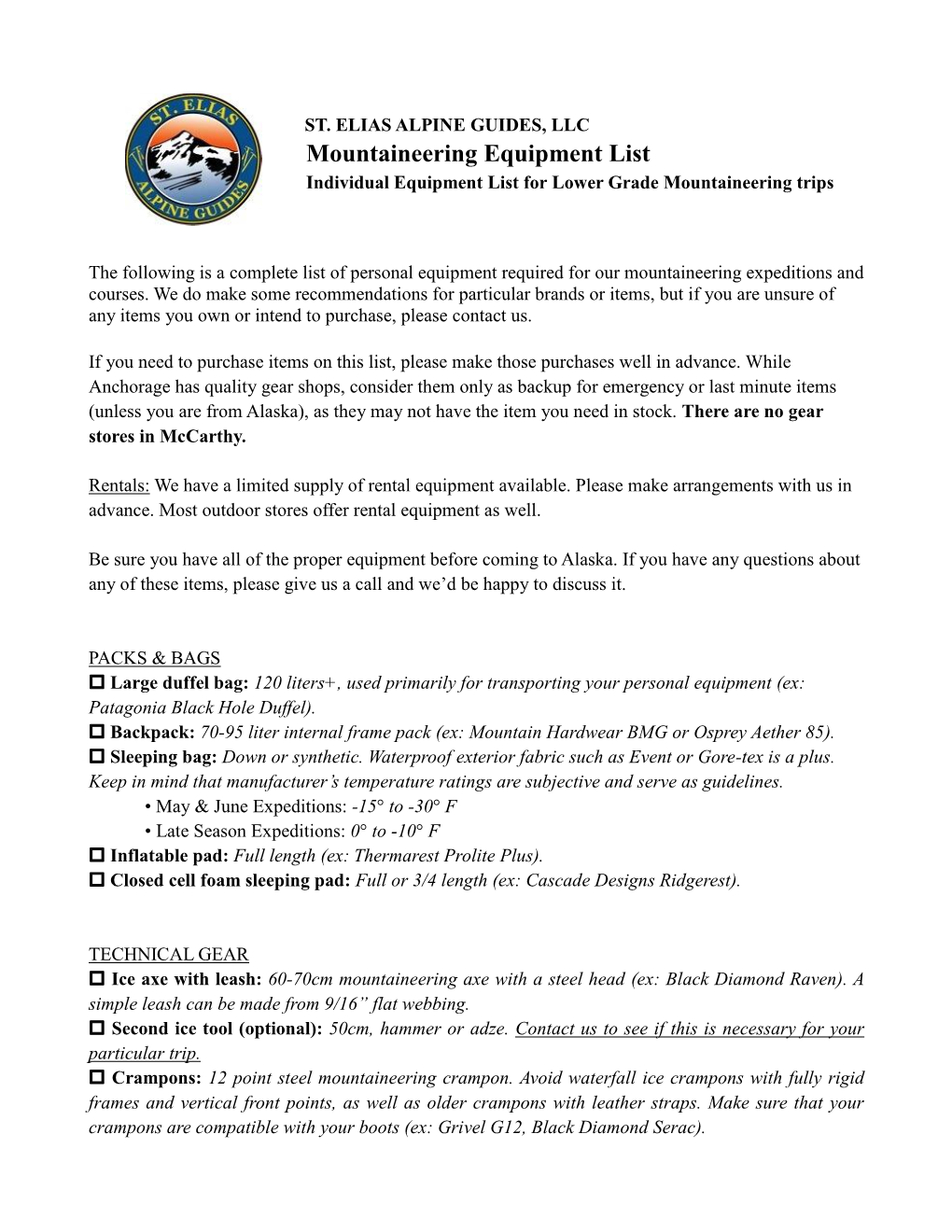 Mountaineering Equipment List Individual Equipment List for Lower Grade Mountaineering Trips