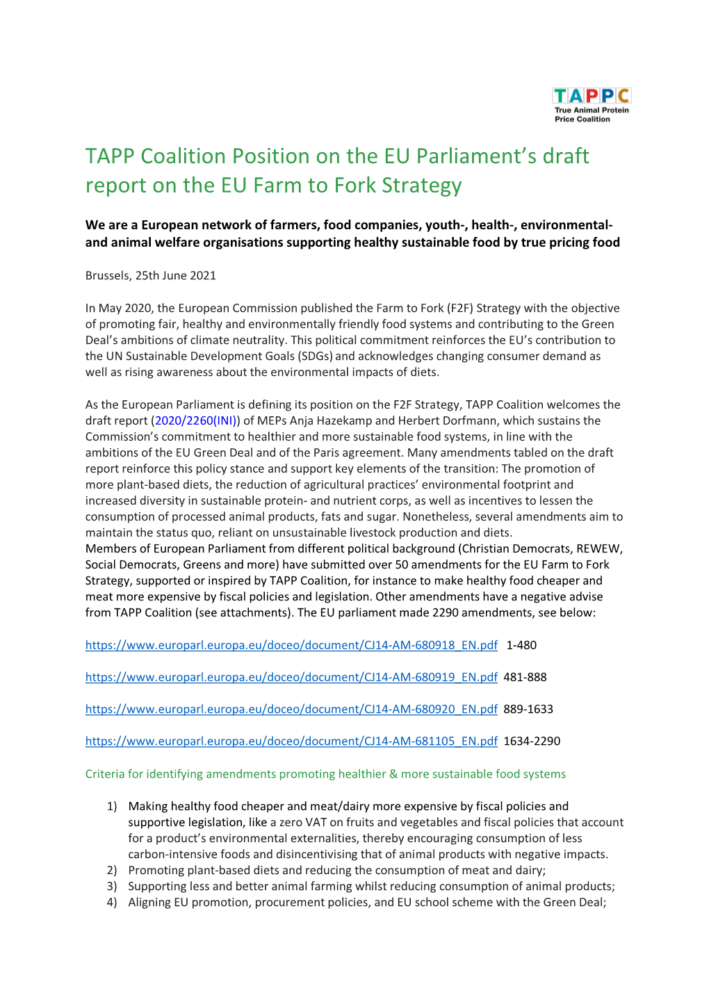 Amendments EU Farm to Fork Strategy