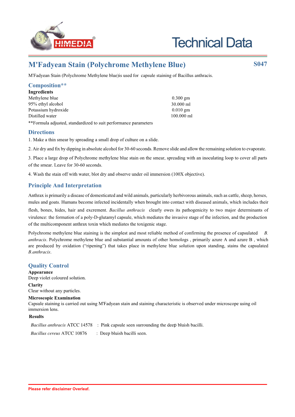M'fadyean Stain (Polychrome Methylene Blue) S047 M'fadyean Stain (Polychrome Methylene Blue)Is Used for Capsule Staining of Bacillus Anthracis