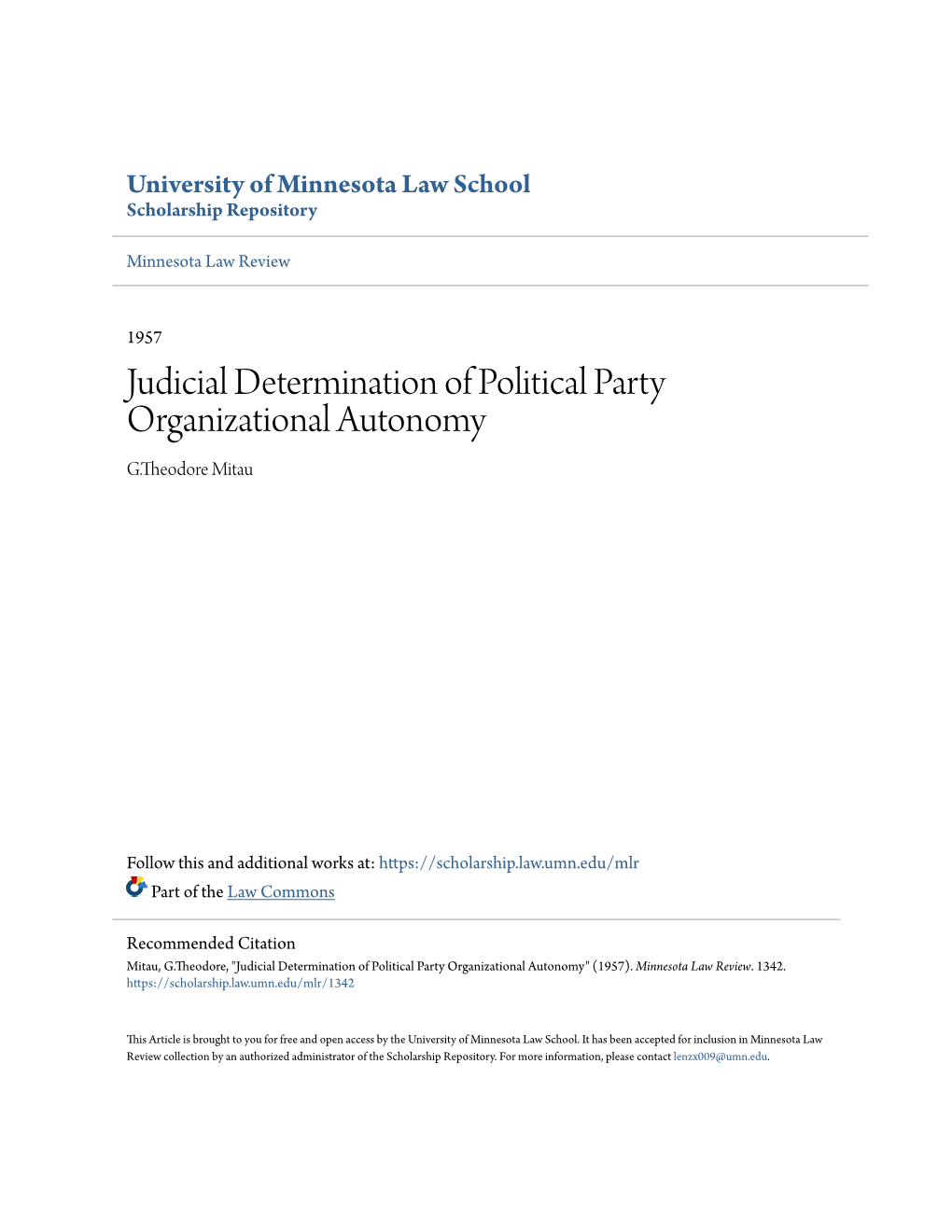 Judicial Determination of Political Party Organizational Autonomy G.Theodore Mitau