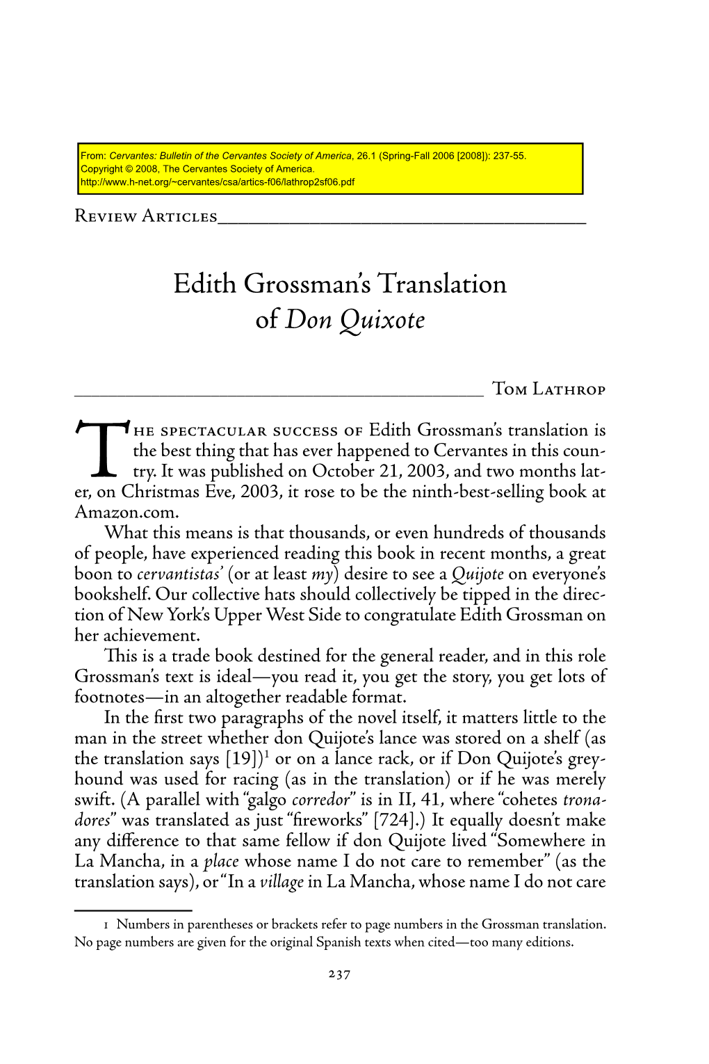 Edith Grossman's Translation of Don Quixote