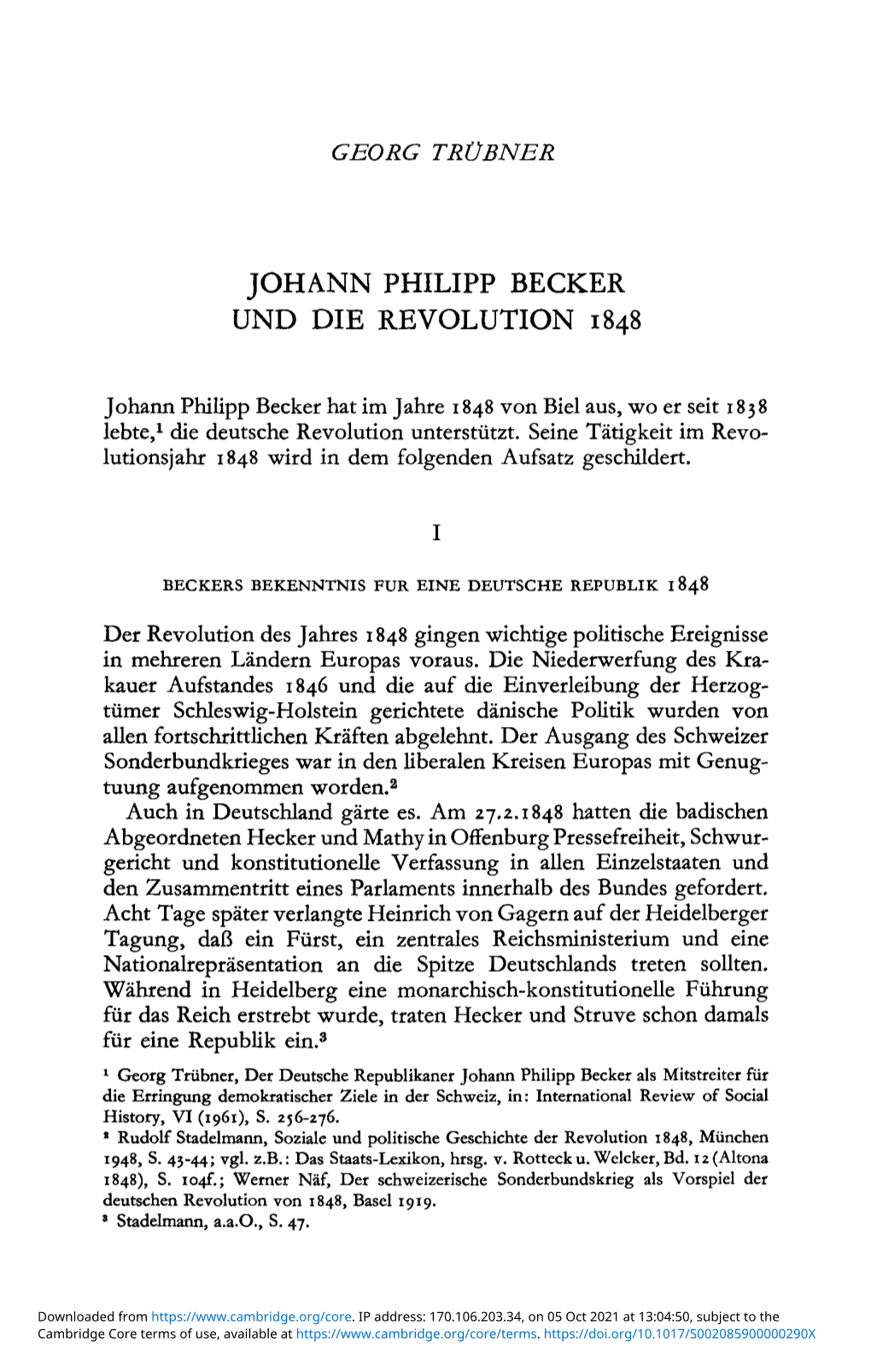 Johann Philipp Becker Und Die Revolution 1848