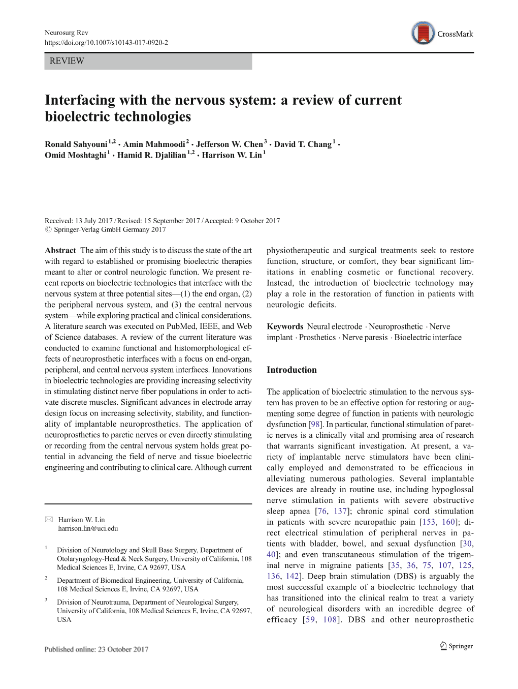 Interfacing with the Nervous System: a Review of Current Bioelectric Technologies