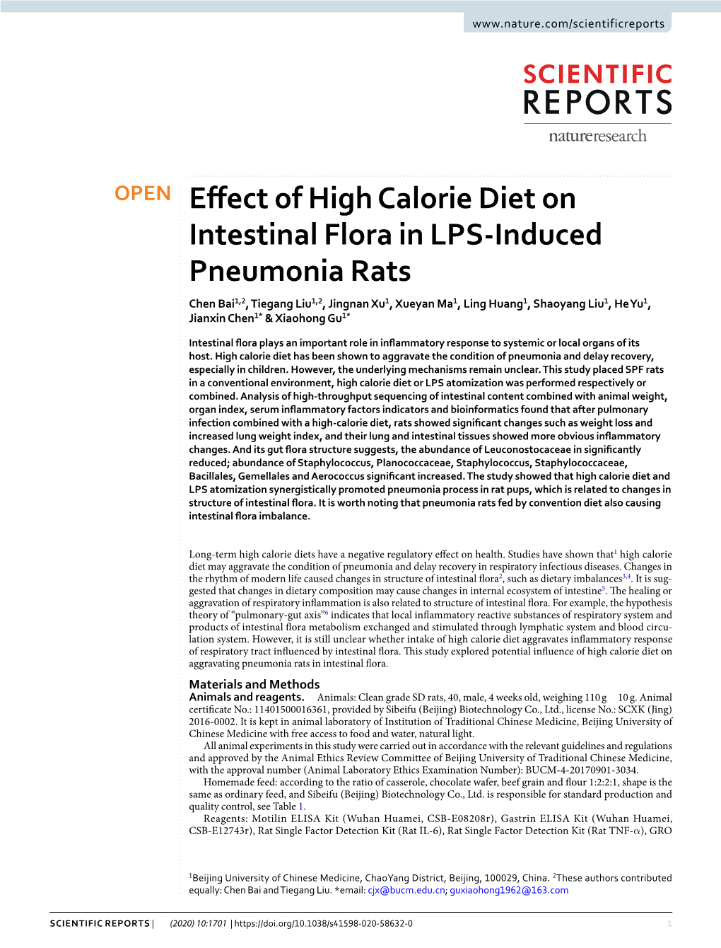 Effect of High Calorie Diet on Intestinal Flora in LPS-Induced Pneumonia