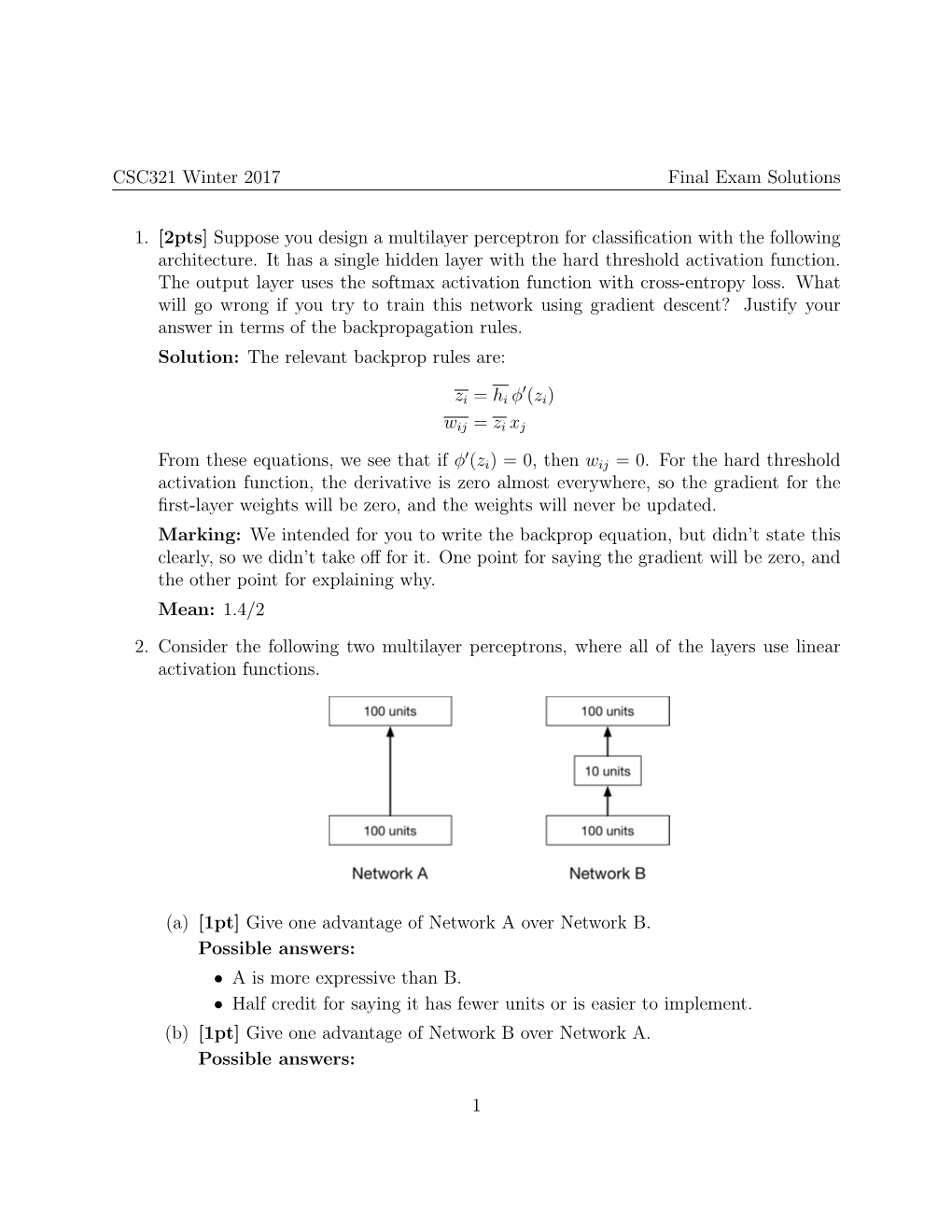 CSC321 Winter 2017 Final Exam Solutions 1. [2Pts] Suppose You