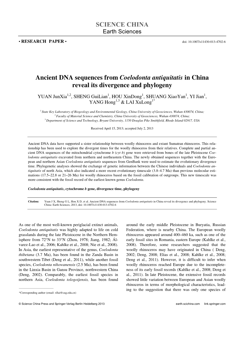 SCIENCE CHINA Ancient DNA Sequences from Coelodonta
