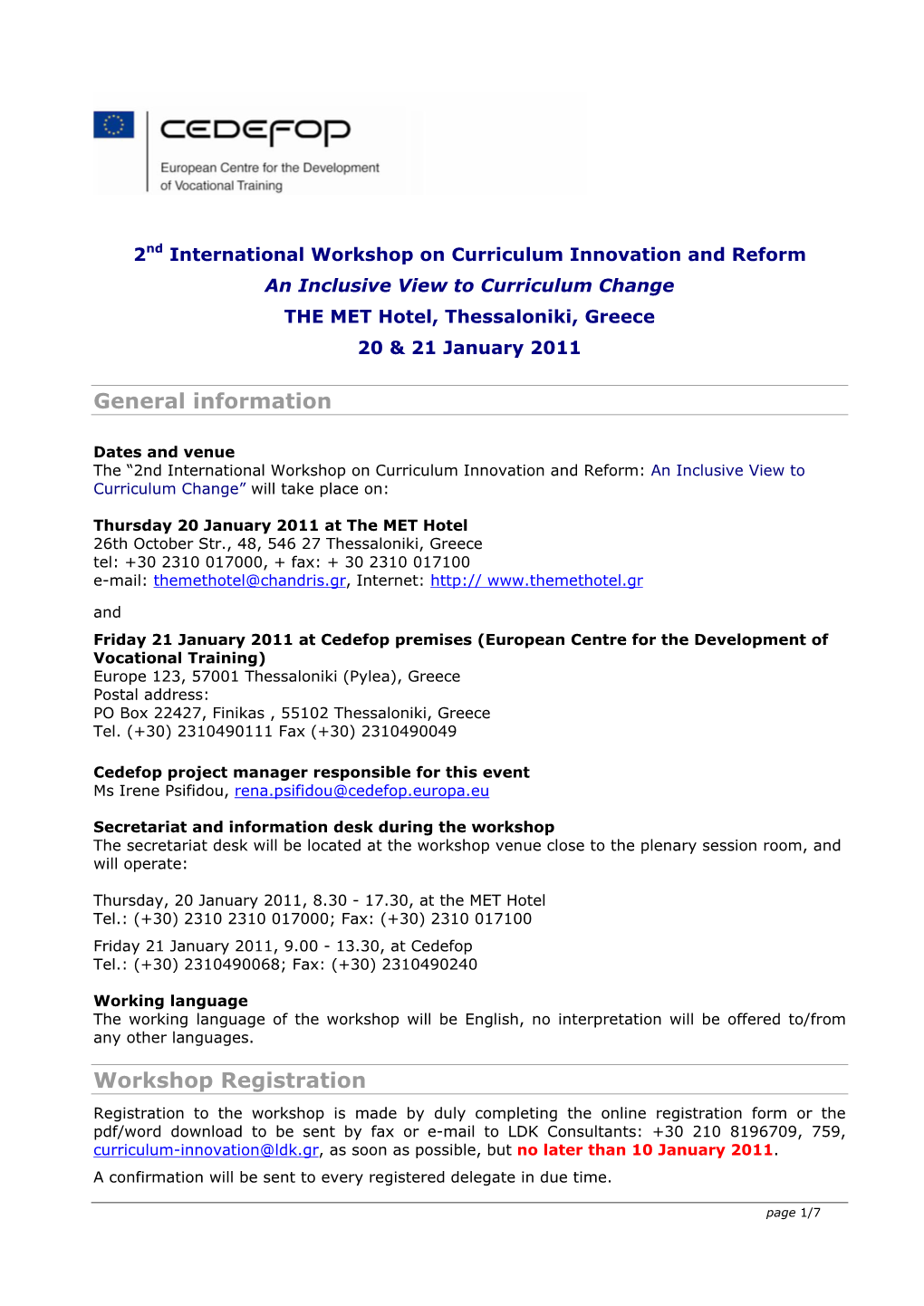 General Information Workshop Registration