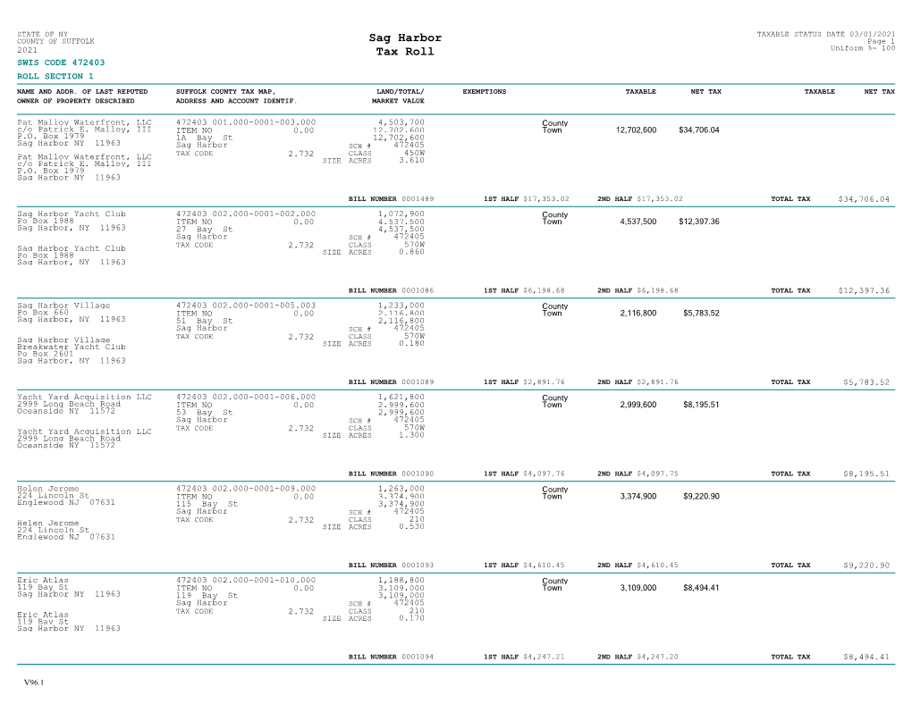 Tax Roll Uniform %= 100 SWIS CODE 472403 ROLL SECTION 1 NAME and ADDR