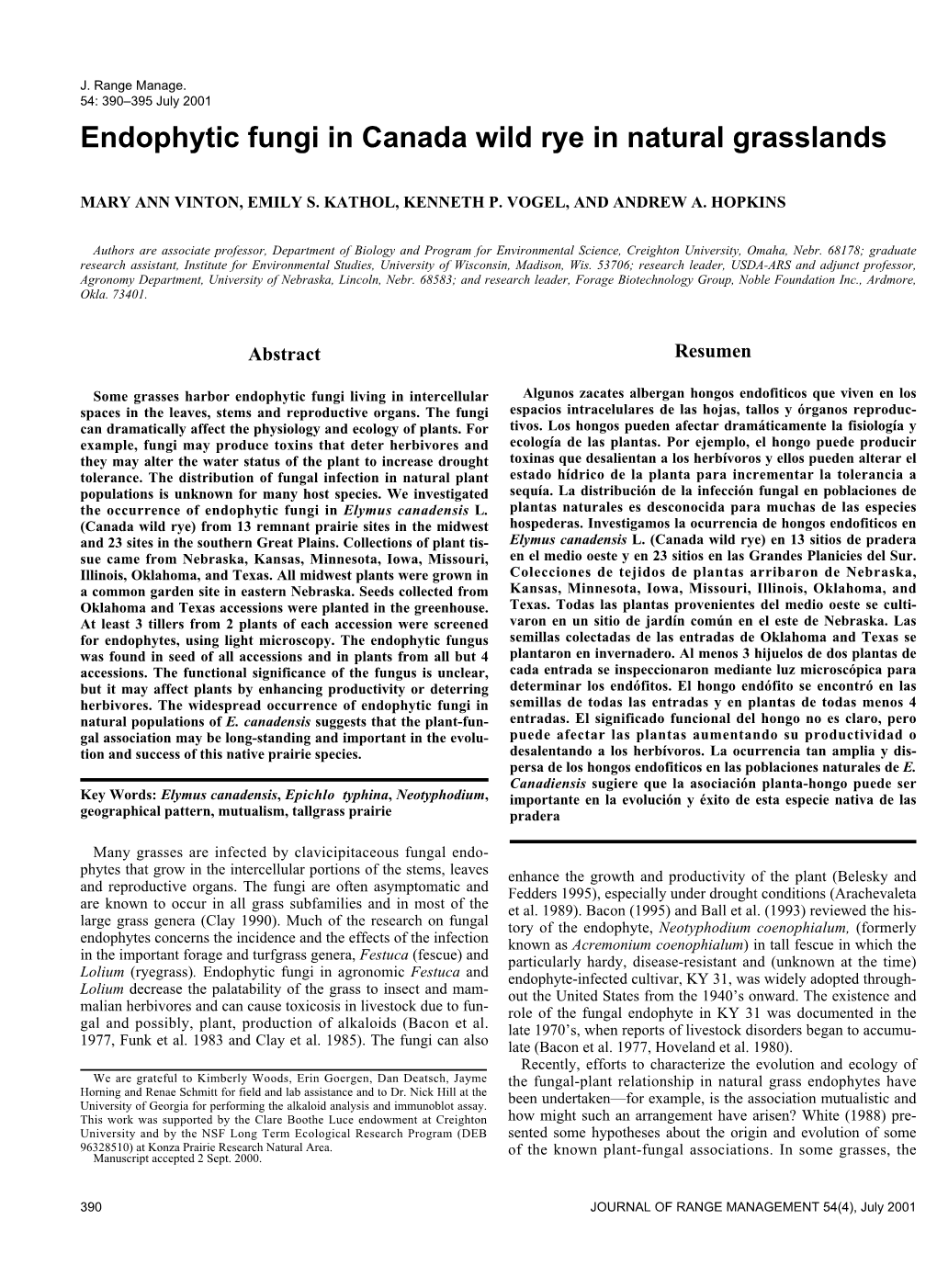 Endophytic Fungi in Canada Wild Rye in Natural Grasslands