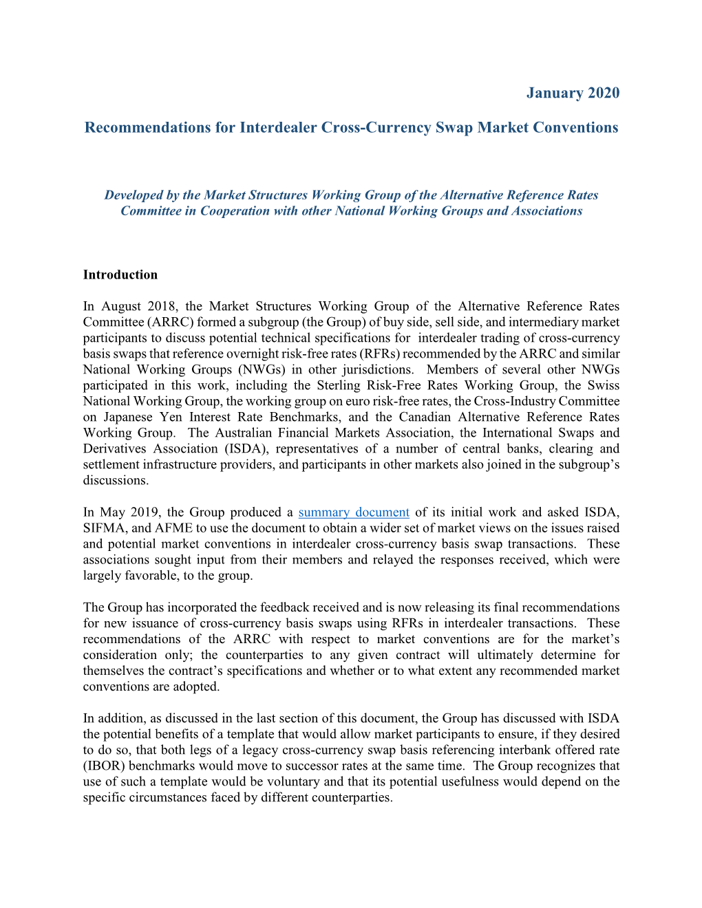 Recommendations for Interdealer Cross-Currency Swap Market Conventions