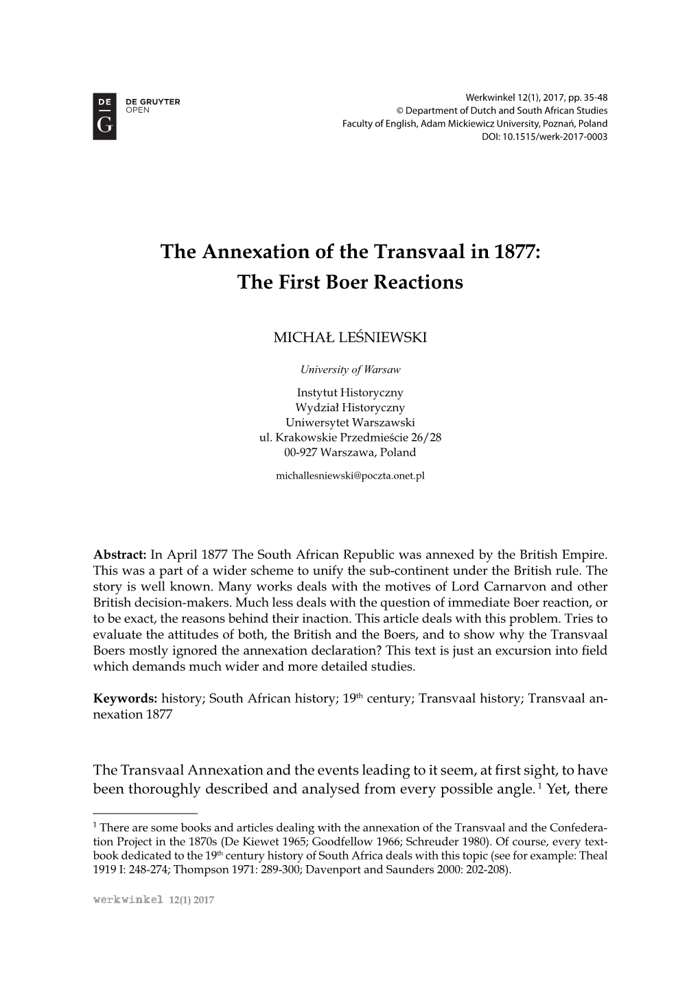 The Annexation of the Transvaal in 1877: the First Boer Reactions