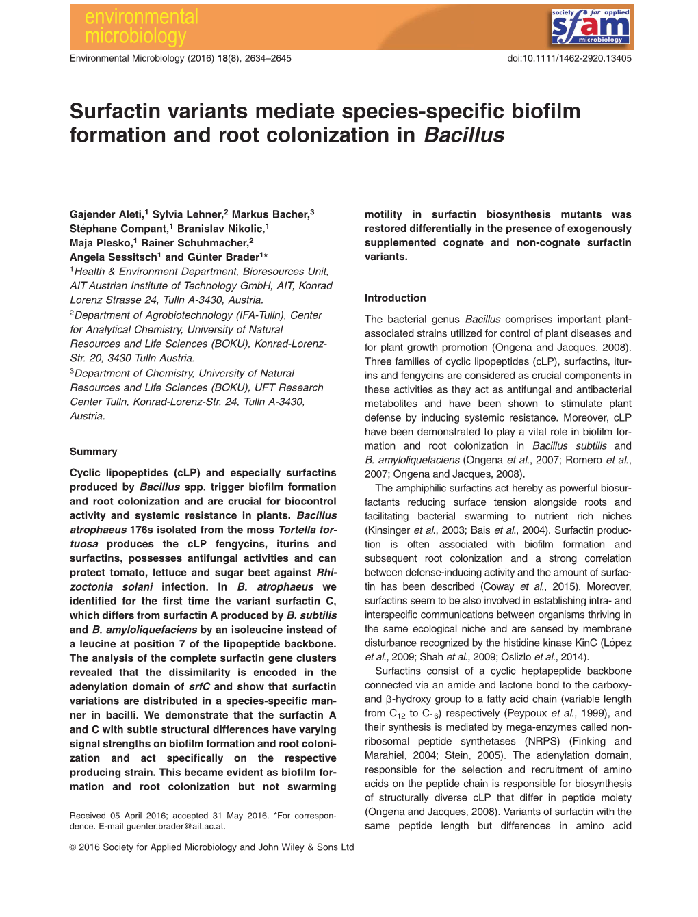 Surfactin Variants Mediate Species‐Specific Biofilm Formation and Root Colonization in Bacillus
