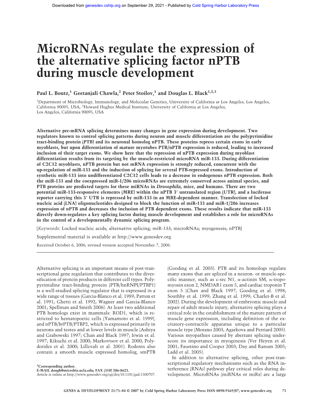 Micrornas Regulate the Expression of the Alternative Splicing Factor Nptb During Muscle Development