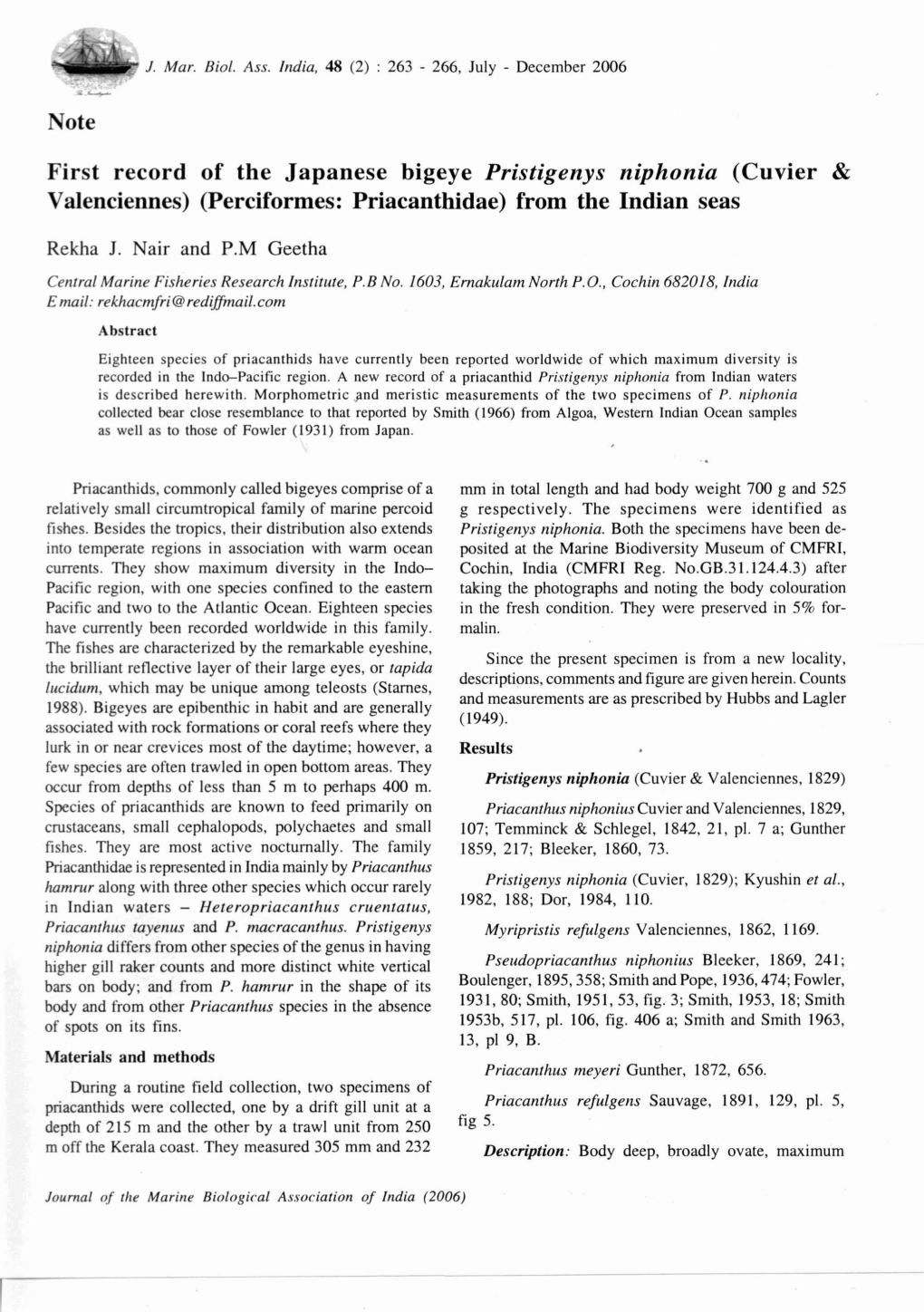 Note First Record of the Japanese Bigeye Pristigenys Niphonia (Cuvier & Valenciennes) (Perciforrnes: Priacanthidae) From