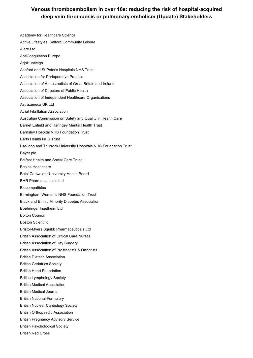 Venous Thromboembolism in Over 16S: Reducing the Risk of Hospital-Acquired Deep Vein Thrombosis Or Pulmonary Embolism (Update) Stakeholders