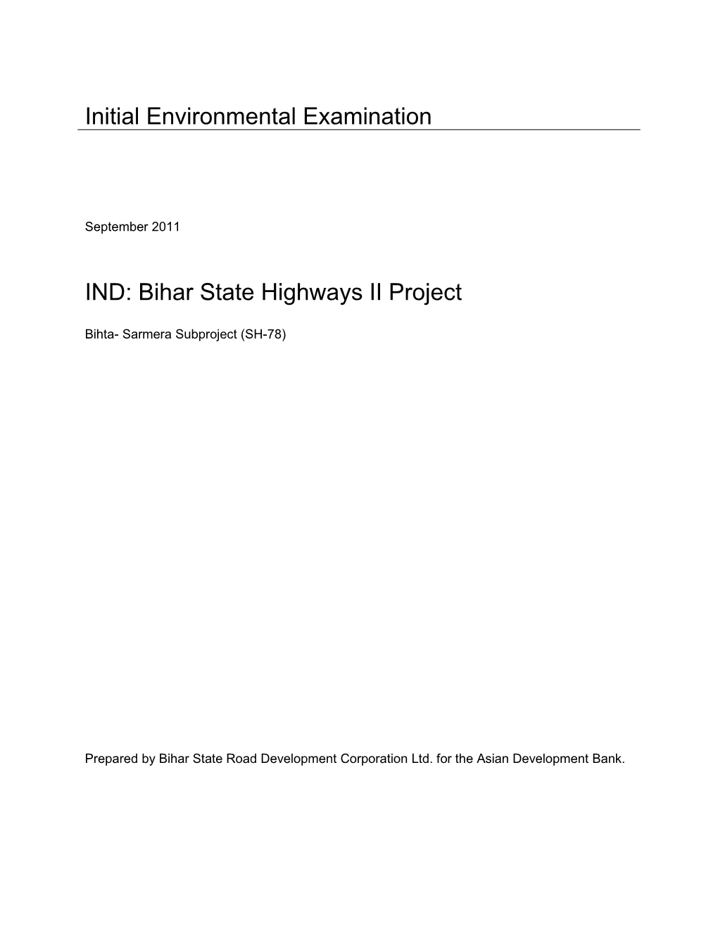 IEE: India: Bihta-Sarmera Subproject (SH-78), Bihar State Highways II Project