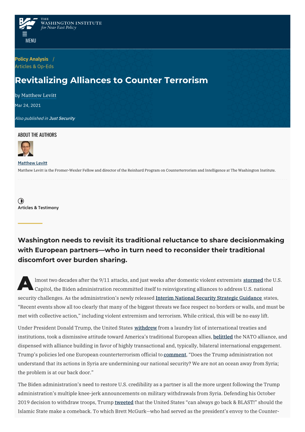 Revitalizing Alliances to Counter Terrorism | the Washington Institute