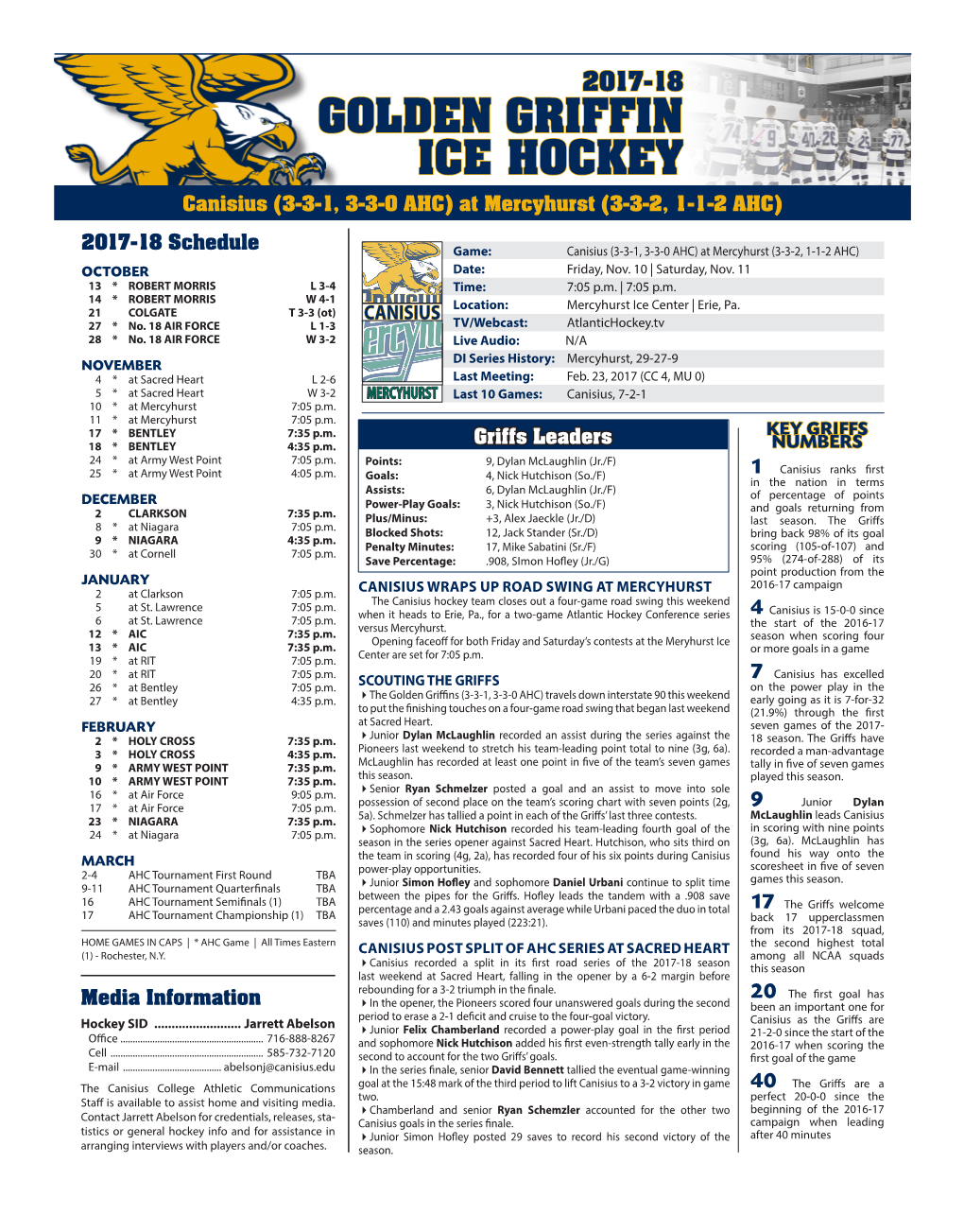 GOLDEN GRIFFIN ICE HOCKEY Canisius (3-3-1, 3-3-0 AHC) at Mercyhurst (3-3-2, 1-1-2 AHC)