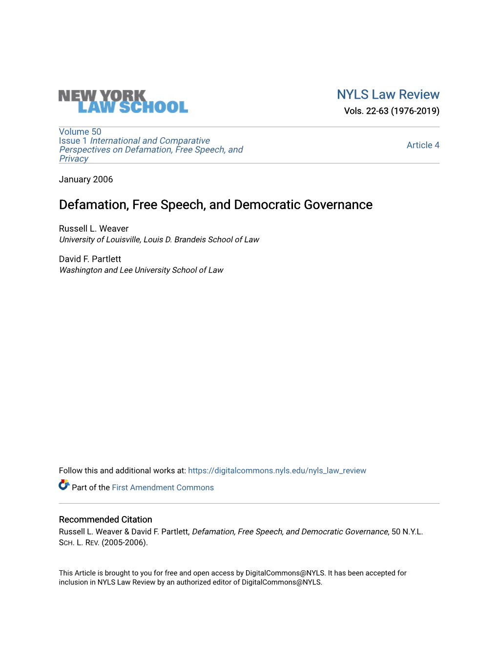 Defamation, Free Speech, and Democratic Governance