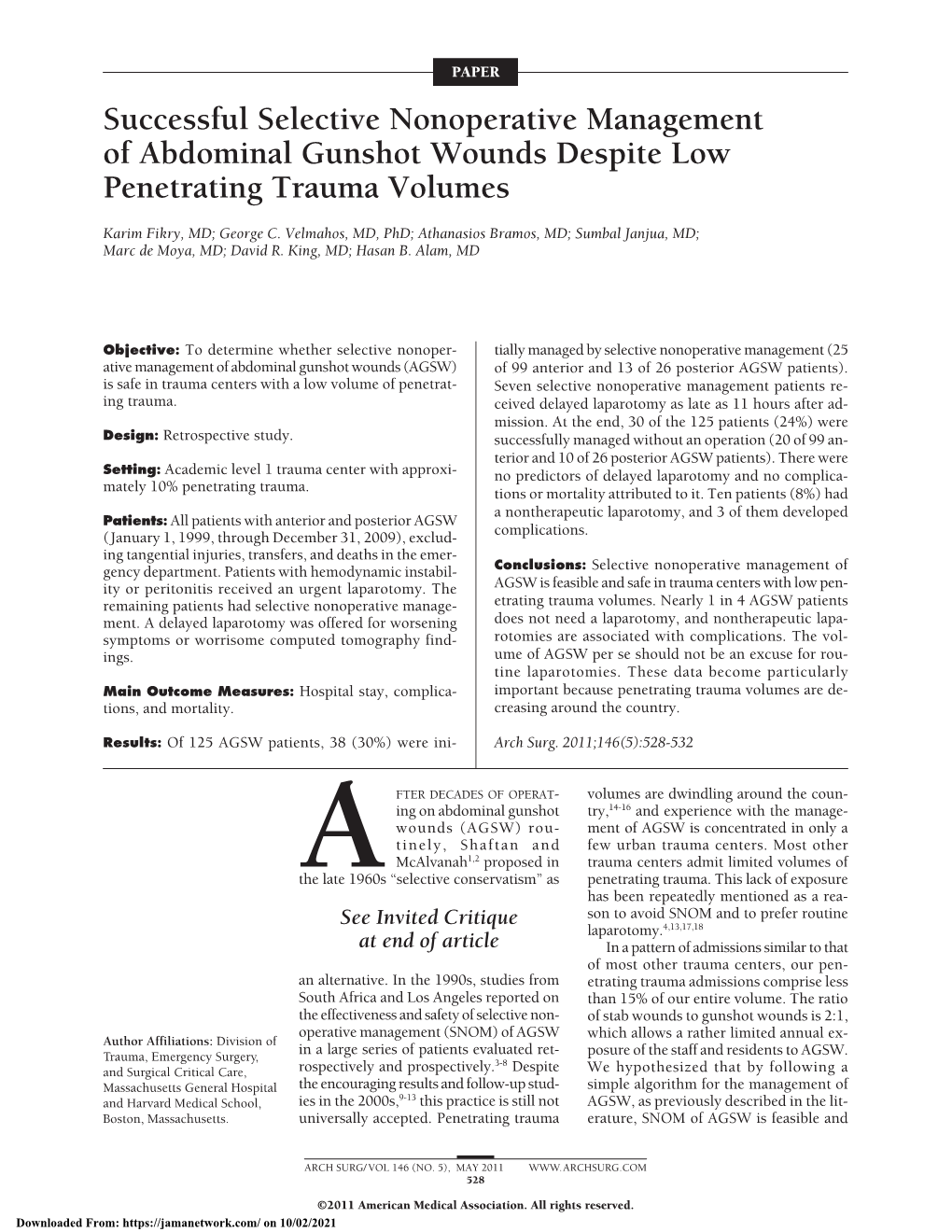 Successful Selective Nonoperative Management of Abdominal Gunshot Wounds Despite Low Penetrating Trauma Volumes