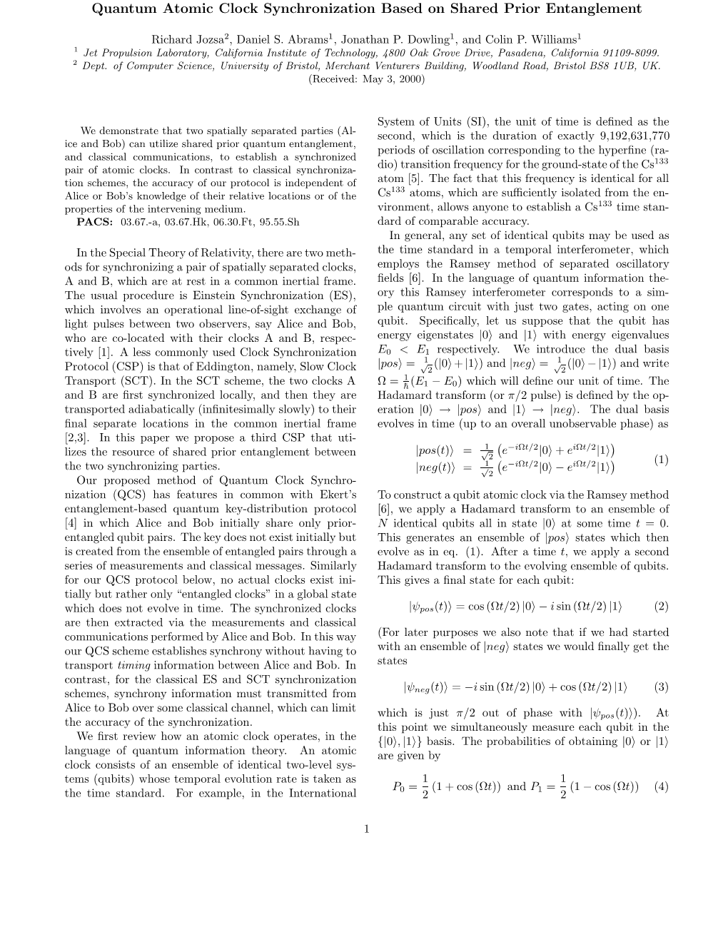 Quantum Atomic Clock Synchronization Based on Shared Prior Entanglement