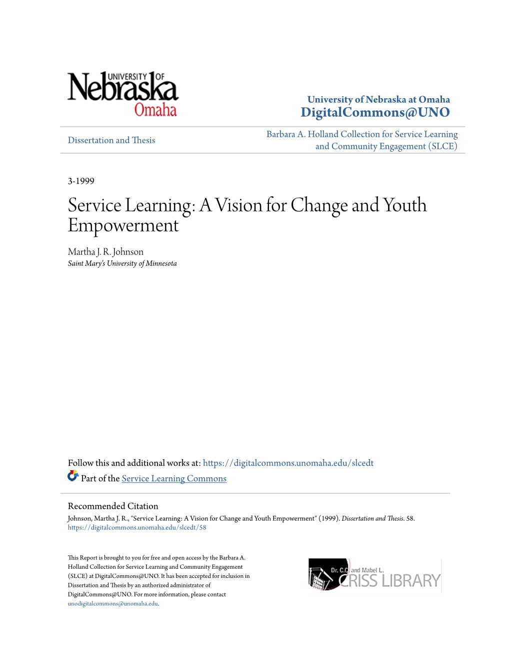 Service Learning: a Vision for Change and Youth Empowerment Martha J