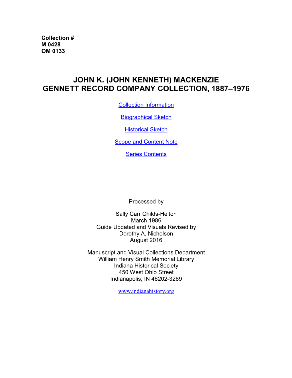 John K. Mackenzie Gennett Record Company Collection